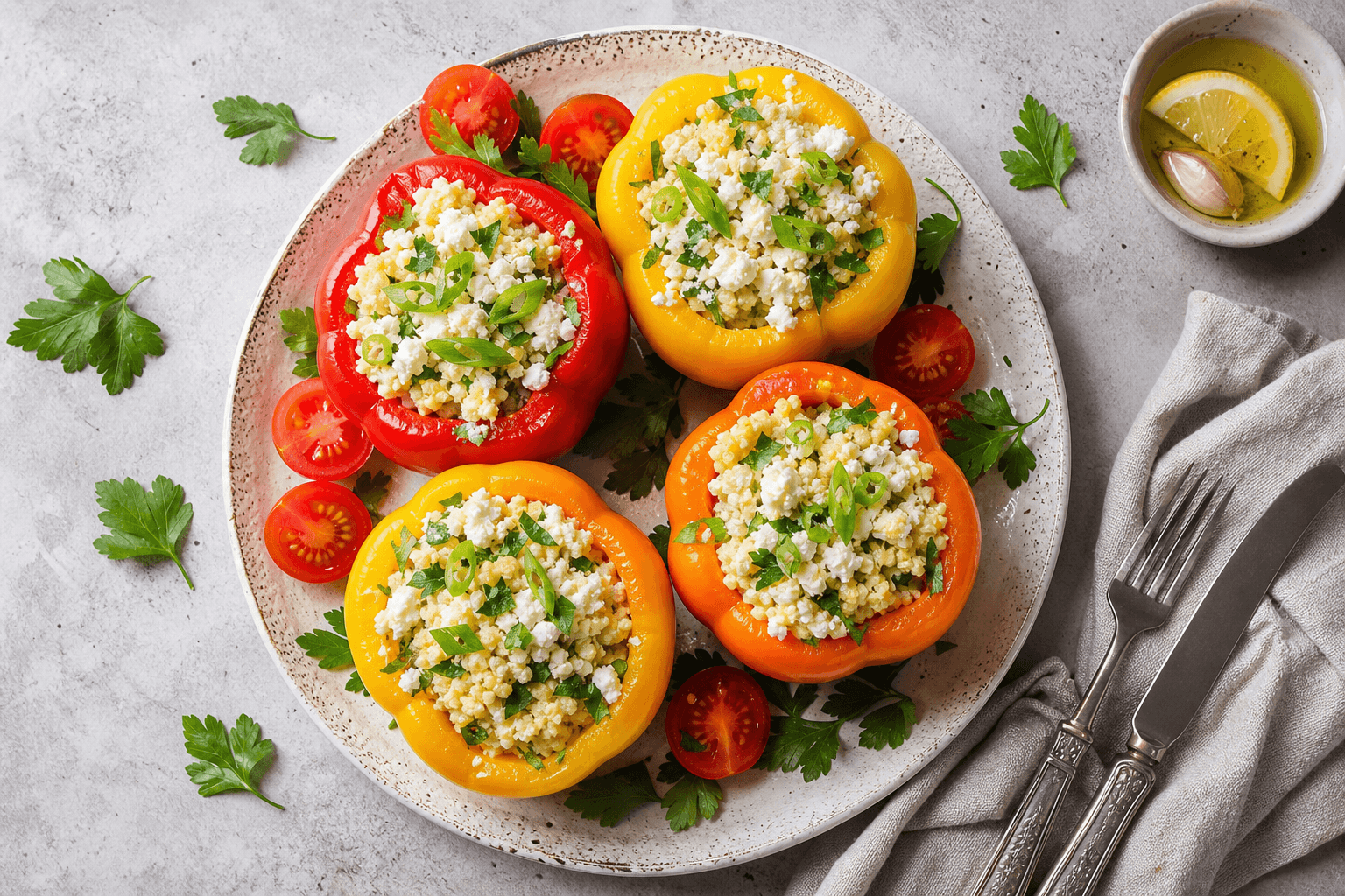 Gefüllte Paprikaschoten mit Hirse & Hüttenkäse: sommerlich leicht und proteinreich